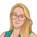 Illustration of white woman with long blond hair and glasses.